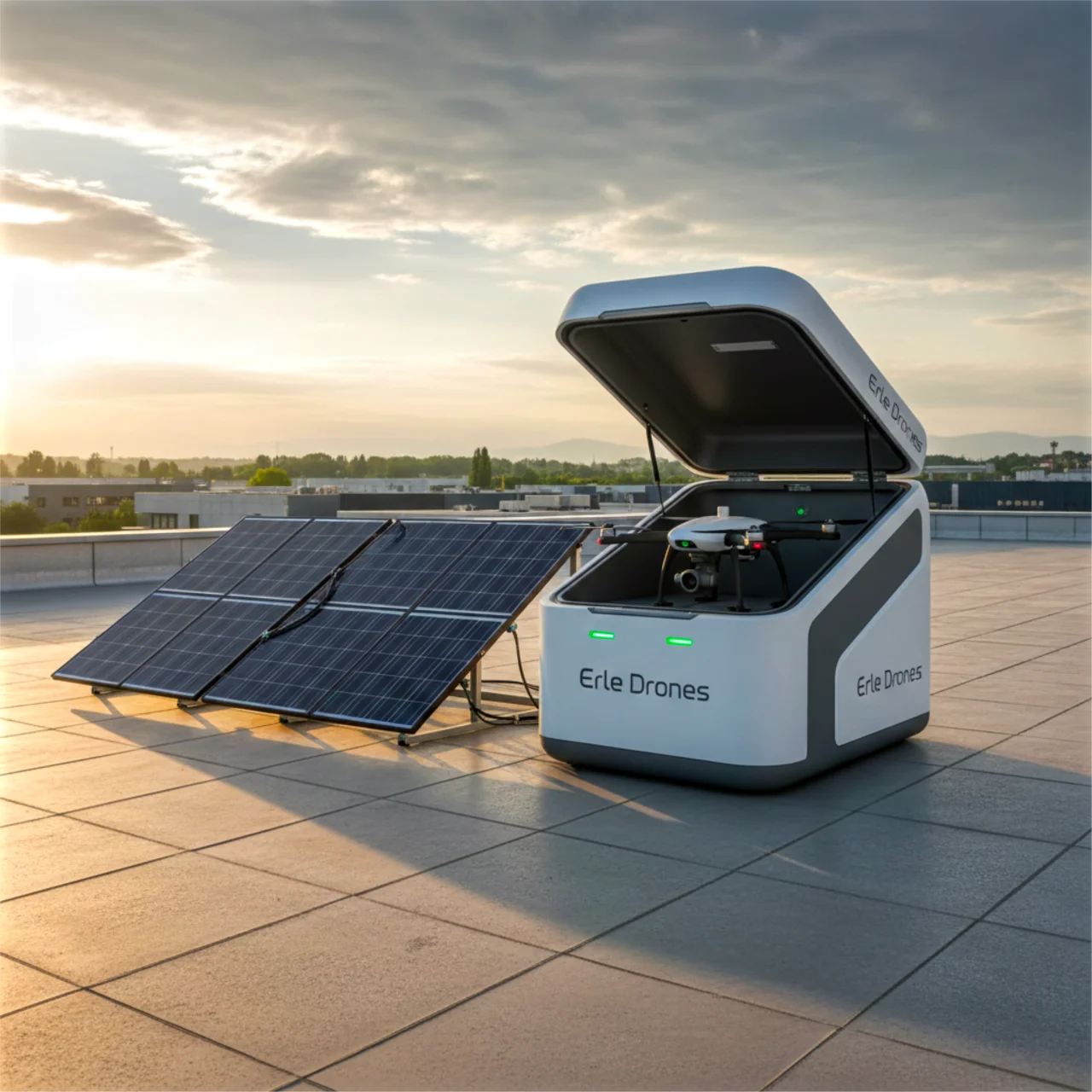 Autonomer Drohnen-Hangar mit Solaranlage auf Flachdach